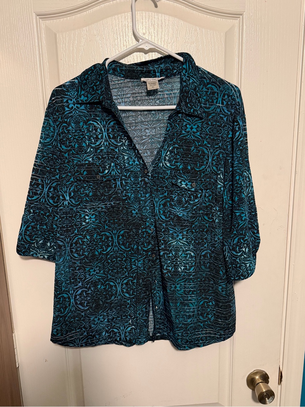 Cathy Daniels Teal and Black Patterned Button-Down Shirt